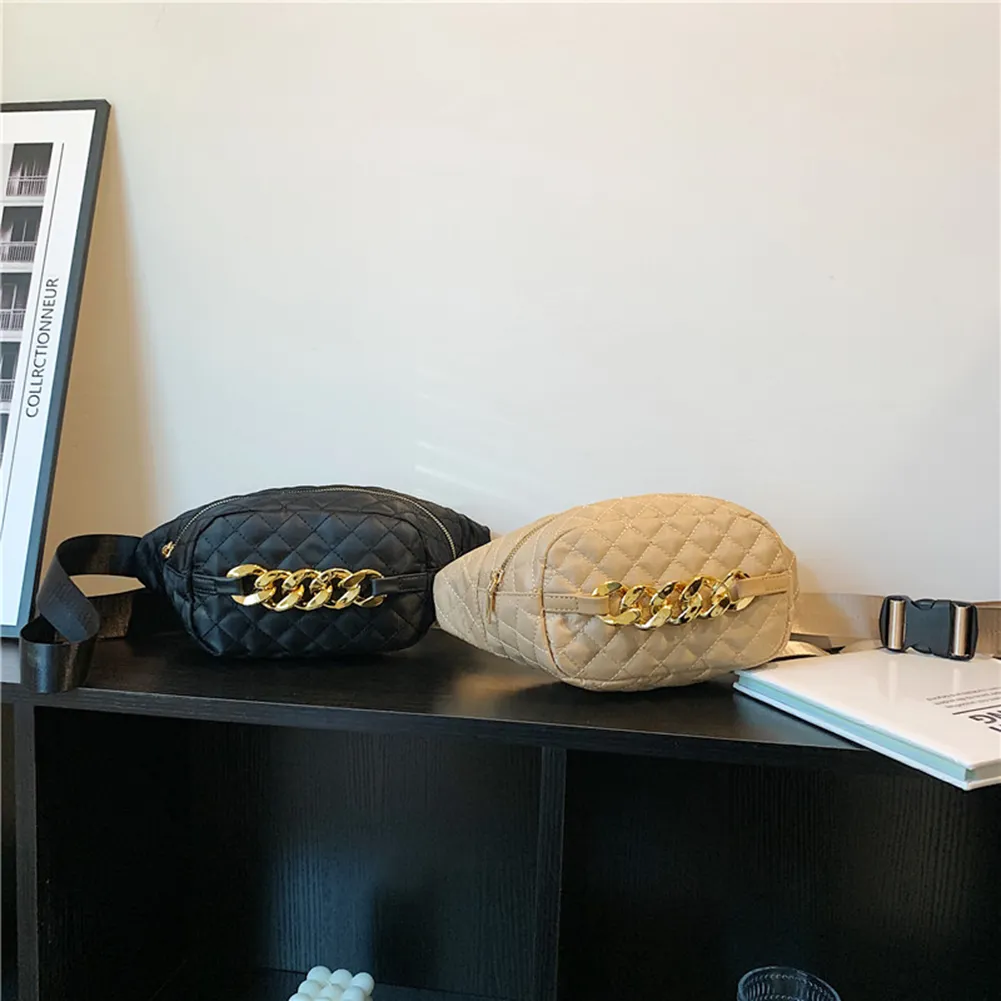 Bolsa tiracolo acolchoada com corrente grossa, casual, alça ajustável, simples e portátil para fim de semana_voghion.com