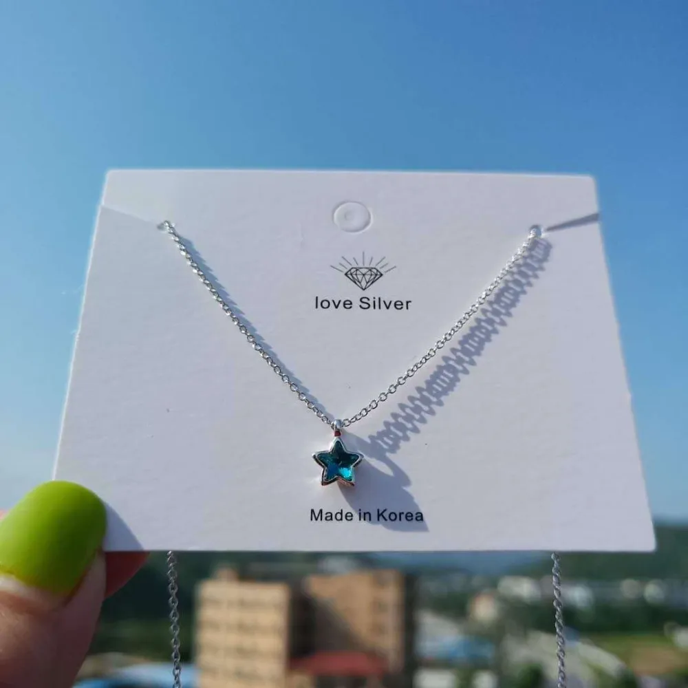 Ankunft Sterling Silber Mode Blau Kristall Stern Damen Ketten Halsketten Frauen Mädchen Schmuck Kurze Kette Geschenk Kein Verblassen_voghion.com
