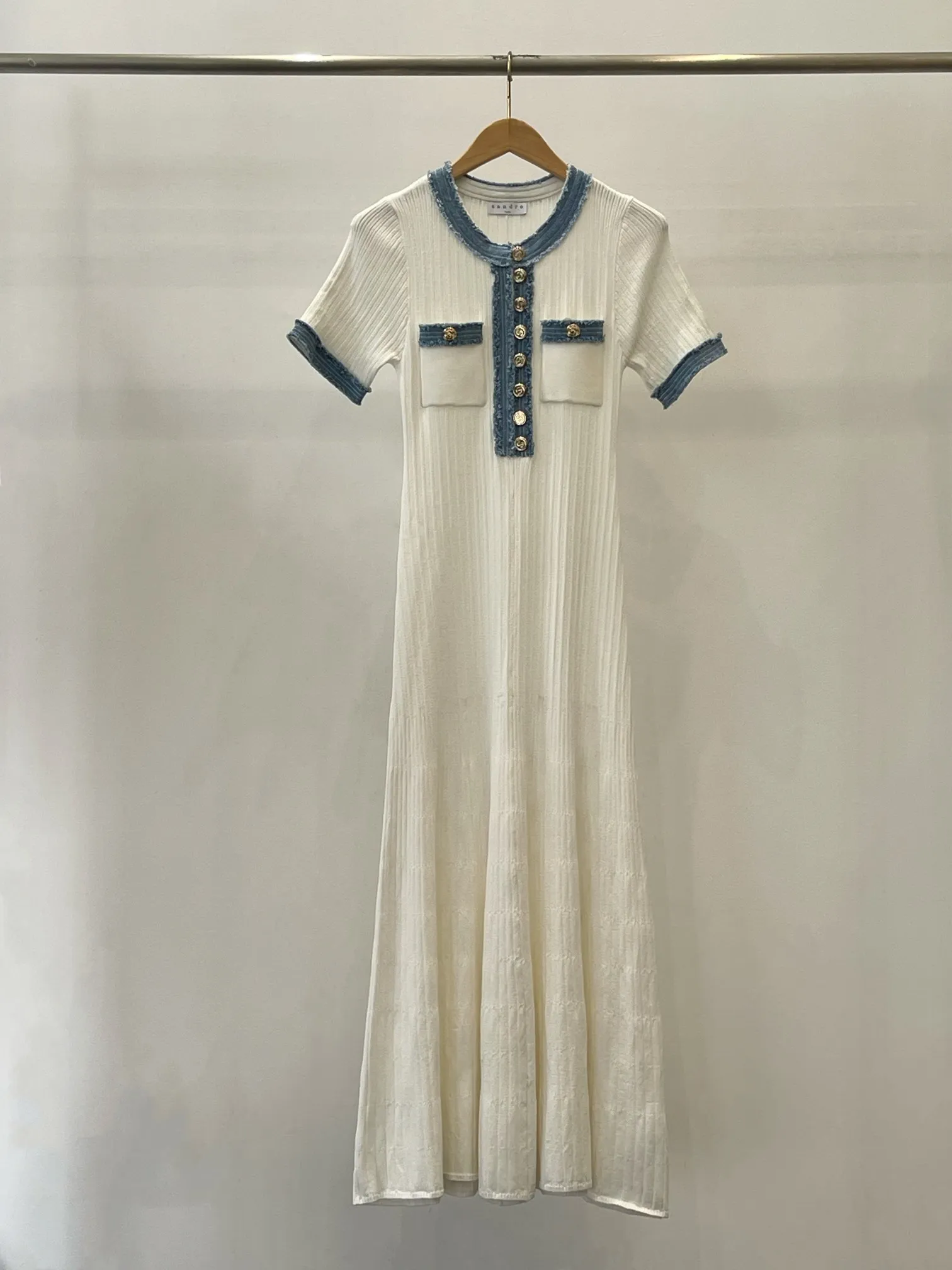 Sandro Dress French Elegant and Fashionable Early Spring New Womens Vestidos Hem Long Robe Simple Waist Knitted_voghion.com