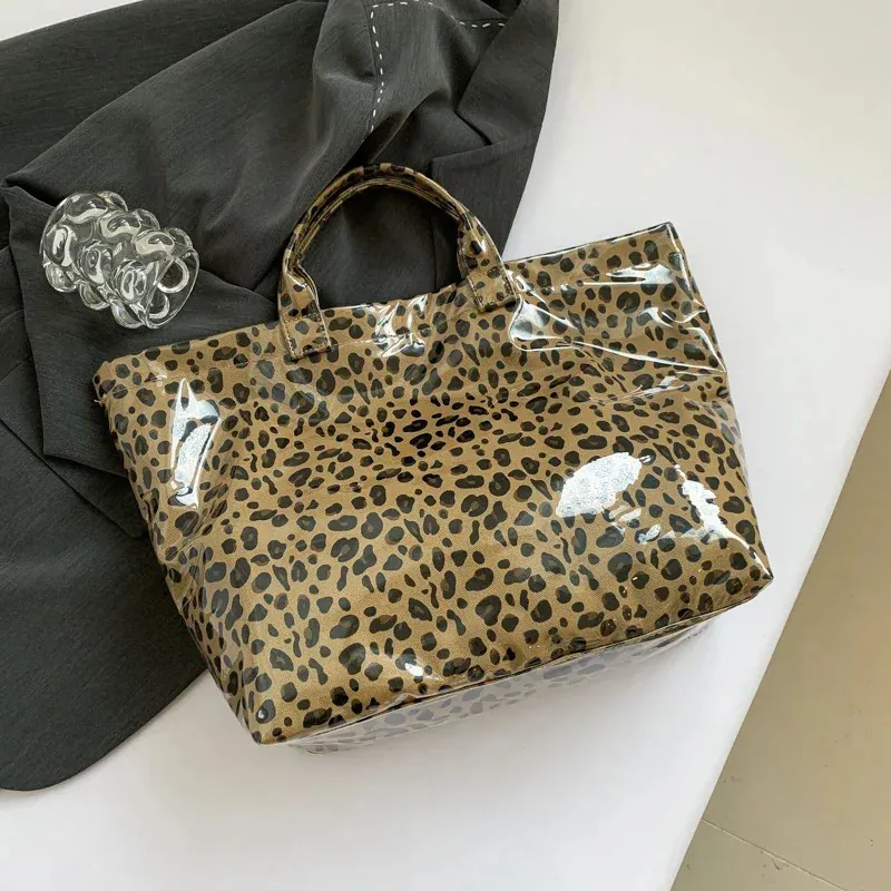 Fashion PVC Reusable Shopping Vintage Leopard Womens Large Capacity Waterproof Handbag Tote Beach Bag Travel 241115_voghion.com