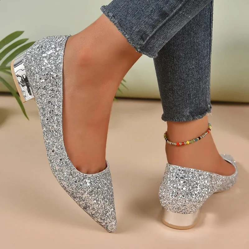 Sier Lage Hakken Pumps Vrouwen Herfst Glanzende Pailletten Puntige Teen Feest Vrouw Plus Size Eenvoudige Dikke Hak Dames Schoenen_voghion.com