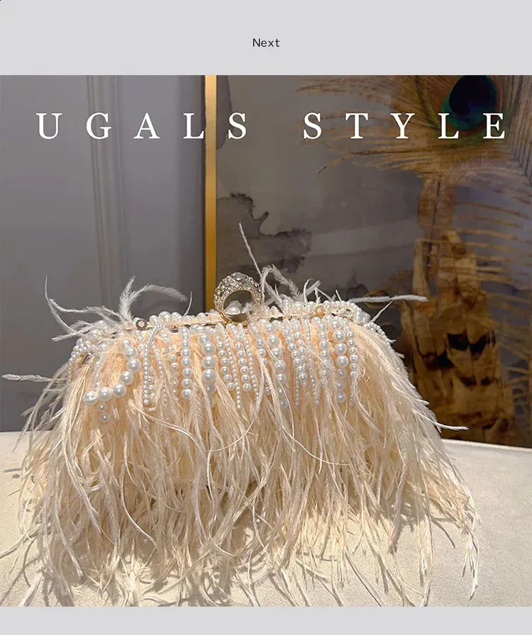 Pochette de soirée en plumes avec perles pour mariage et soirée_voghion.com