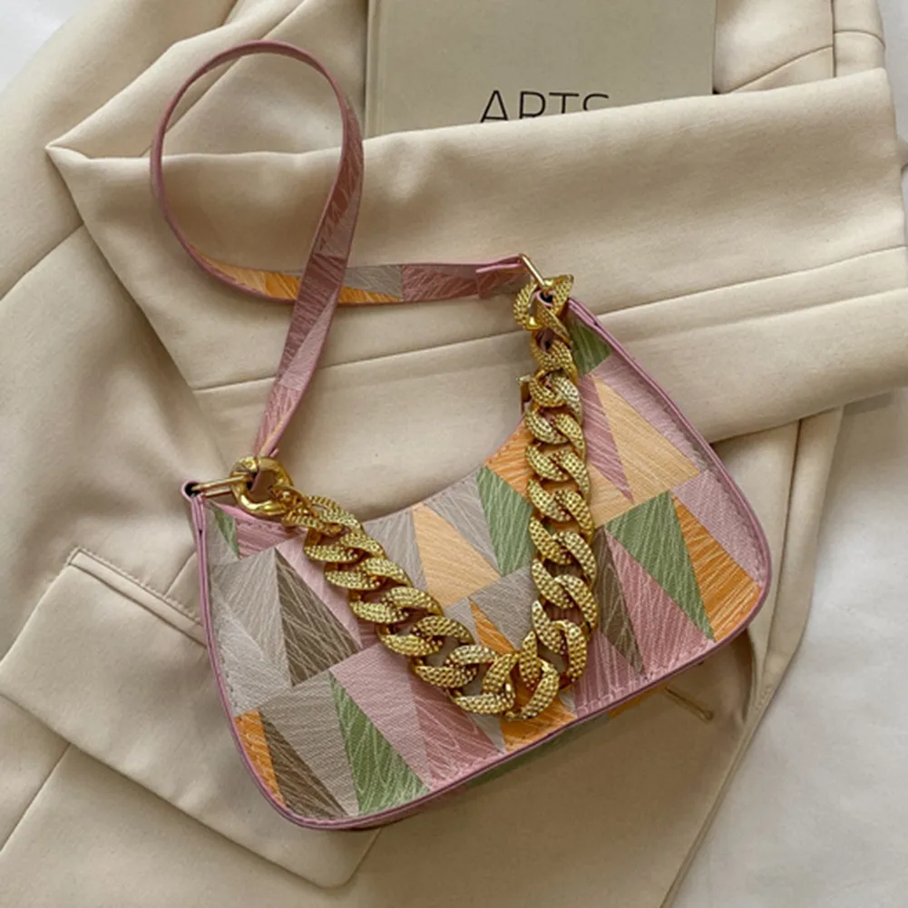 Borsa a tracolla da donna in pelle PU con tracolla spessa, stampa triangolare colorata, elegante e alla moda per i viaggi._voghion.com