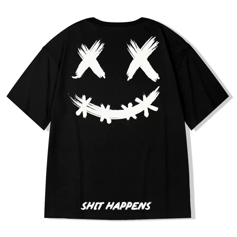 Îmbrăcăminte bărbătească Tricou cu mânecă scurtă pentru bărbați Stil nou Trend național Trend Brand Loose Smiley Face Trend național Fat Man Cu mânecă cu cinci puncte de vară_voghion.com