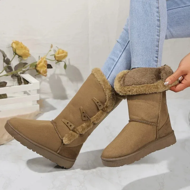Vrouwen Sneeuw Winter Mid-calf Warm Katoenen Schoenen Mode Effen Kleur Knoop Dames Bruin Lange Laarzen Plus Maat 41 240830_voghion.com