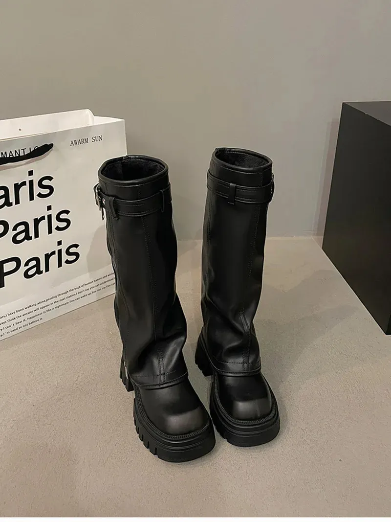 Damenmode Stiefel Winter Biker Gürtelschnalle Damen Elegante Plattform Lange Rohr Casual Damen Kniehohe Booties 2_voghion.com