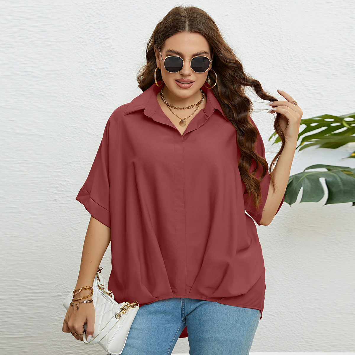 Topuri pentru femei, cu decolteu în V, slim fit și mâneci în cinci puncte, mărimi mari_voghion.com