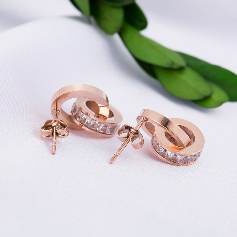 Boucles d'oreilles créatives en diamant romain, or Rose, titane et acier, bijoux populaires à Double anneau pour femmes