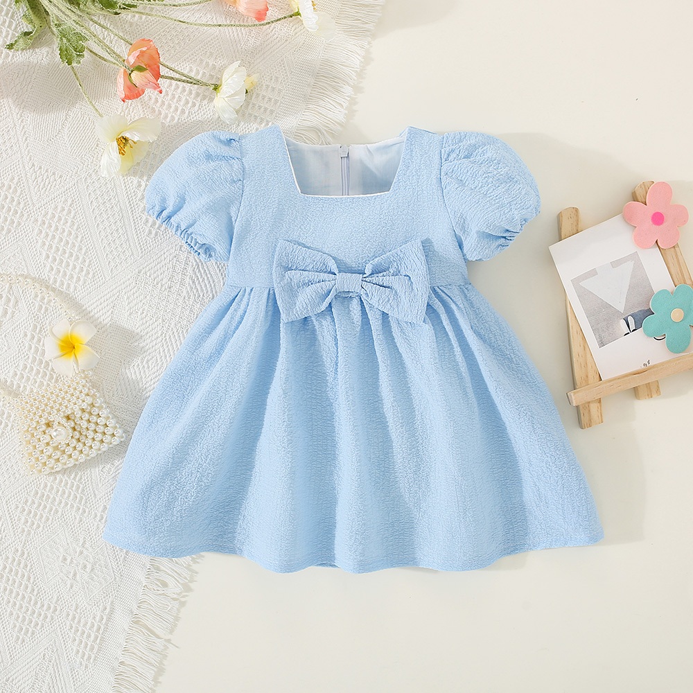 Vestido de verano de manga corta para niña, color liso, con mangas abullonadas y lazo, ropa cómoda para niños_voghion.com