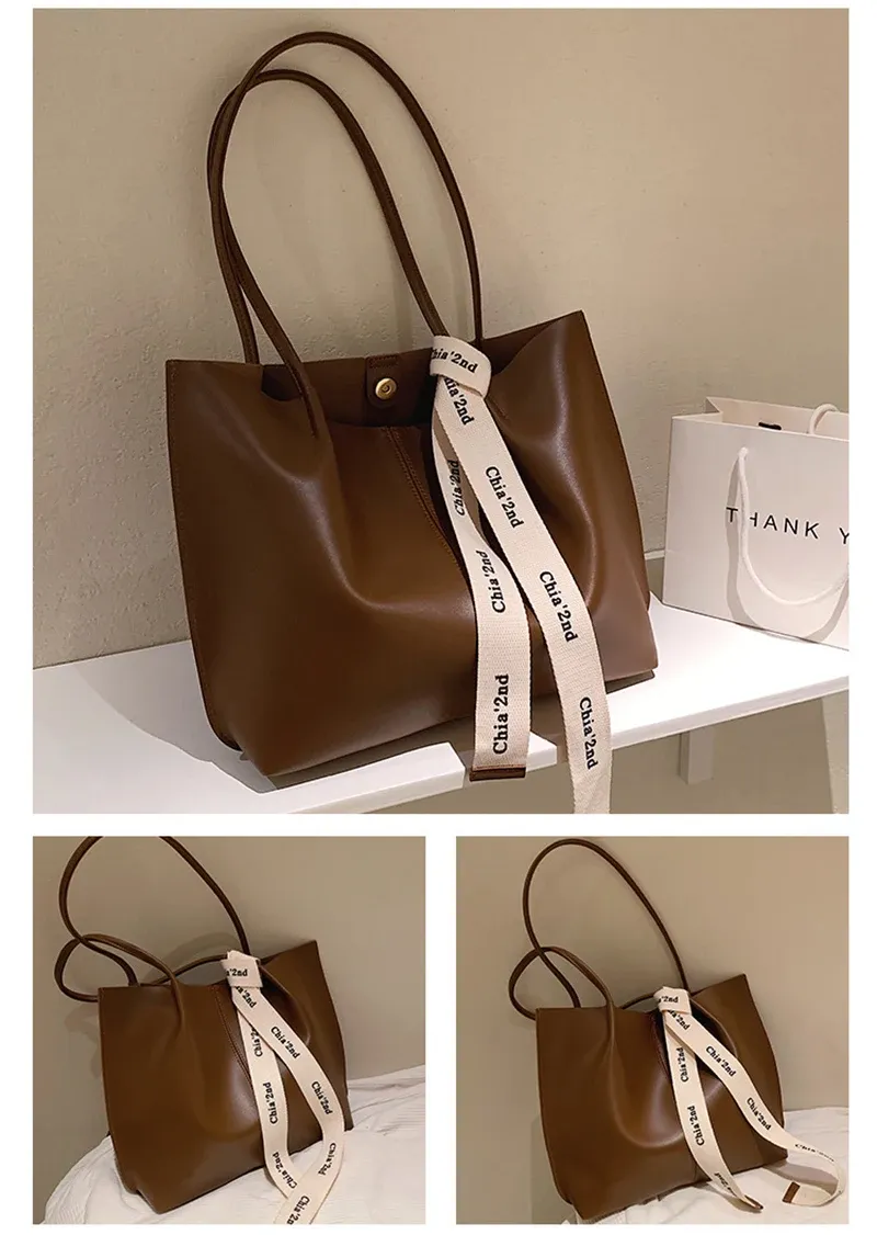 Borsa da ufficio da donna, uso quotidiano, bellezza, marrone, nera, moda, con nastro, a tracolla, per pendolari, grande capacità, a mano, retrò._voghion.com