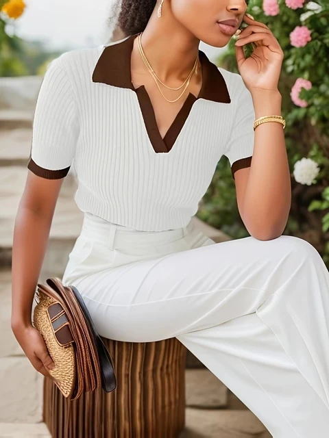 Heißer Verkauf französischer Haute Couture und eleganter Poloshirts, kontrastierendes kurzärmliges Oberteil aus Eisseide mit V-Ausschnitt für Damen und Strickpullover_voghion.com