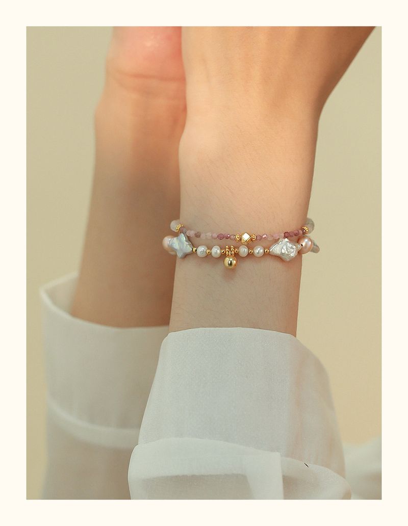 Braccialetto alla moda barocco da donna francese irregolare esotica con perle a doppio strato e fibbia OT in tormalina rosa_voghion.com