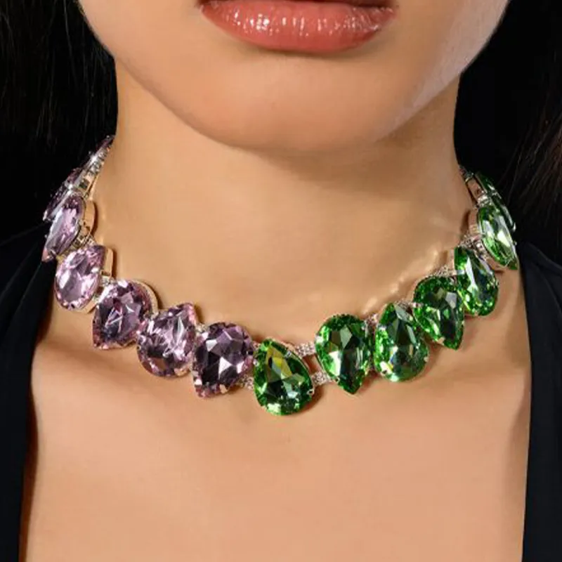 Chaînes Stonefans Mode 2024 Joli Collier Patchwork Vert Rose Pour Femmes Y2k Vintage Déclaration Collier Ras Du Cou_voghion.com