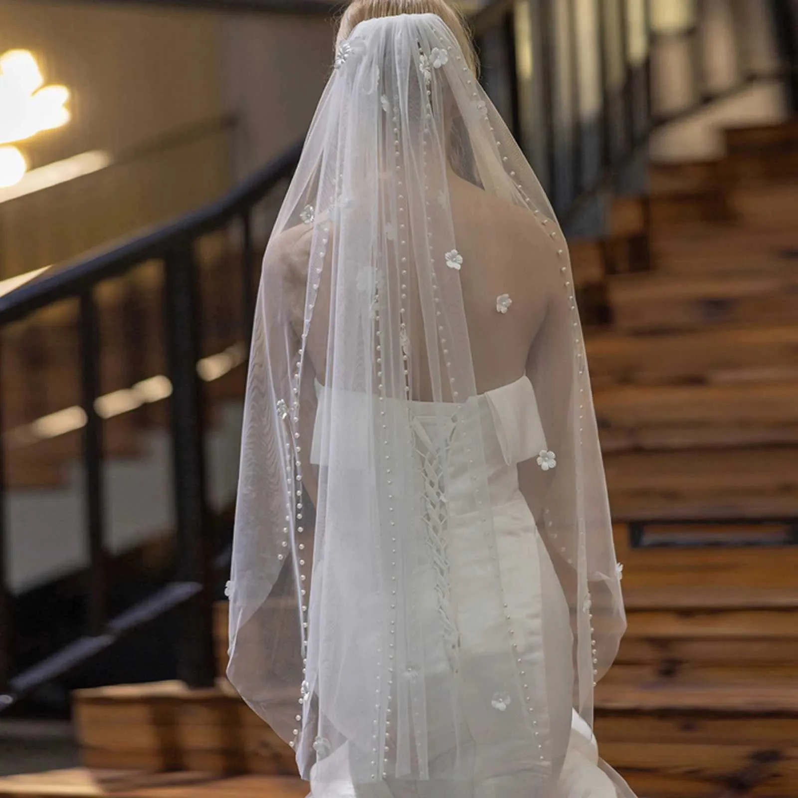 Gioielli per capelli V193 Velo da sposa con perline e perline, fiori 3D, lungo, cattedrale, morbido, illusione, con pettine, elegante sposa_voghion.com