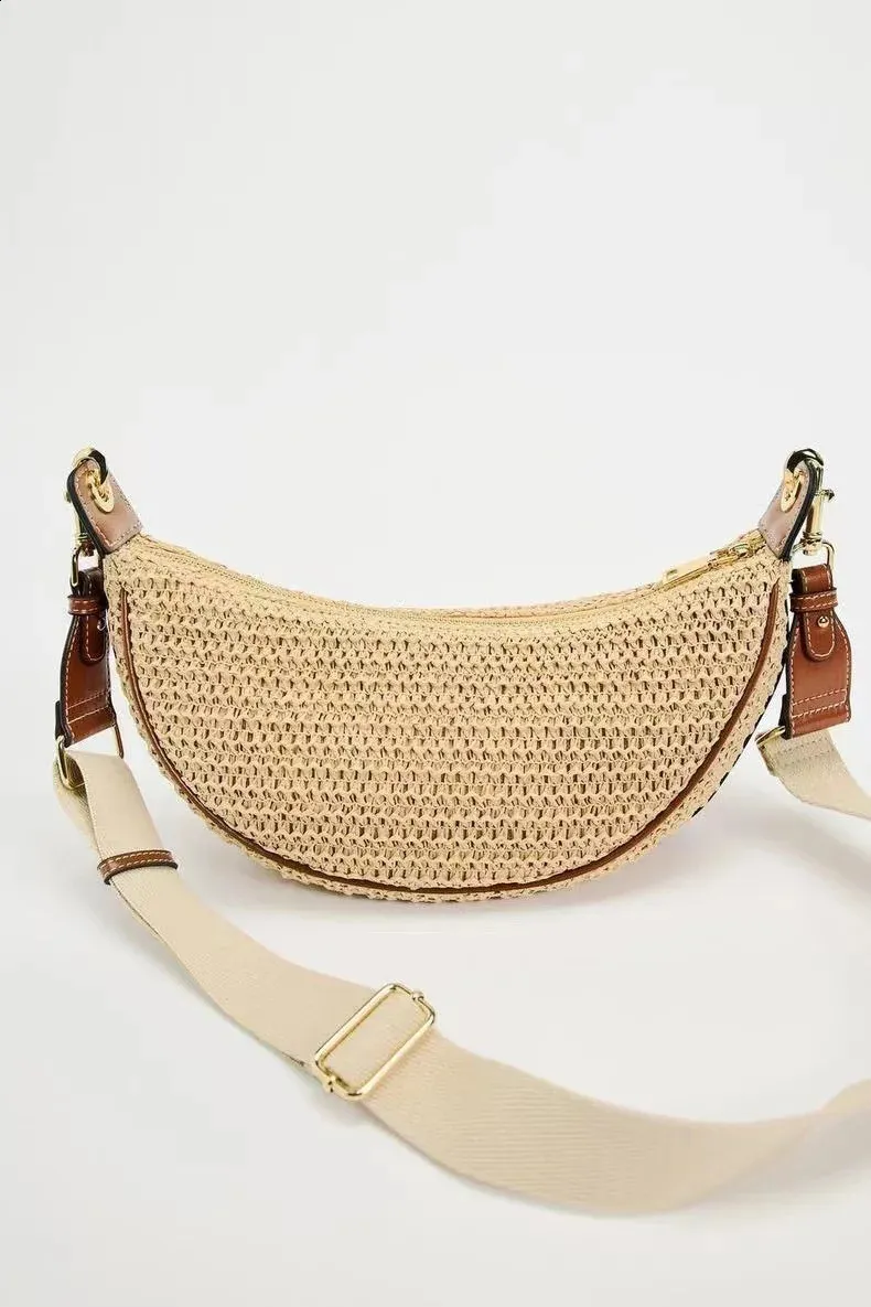 Borsa a tracolla da viaggio a mezza luna in paglia intrecciata alla moda per donna, borsa a tracolla fatta a mano 240907_voghion.com