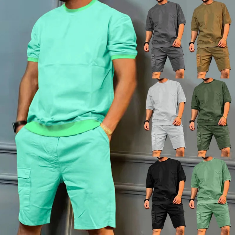 2024 New Summer Men's Sports Multi-Bag Pants Trendy Casual Short-Sleeved Shorts Personalized Suit_voghion.com