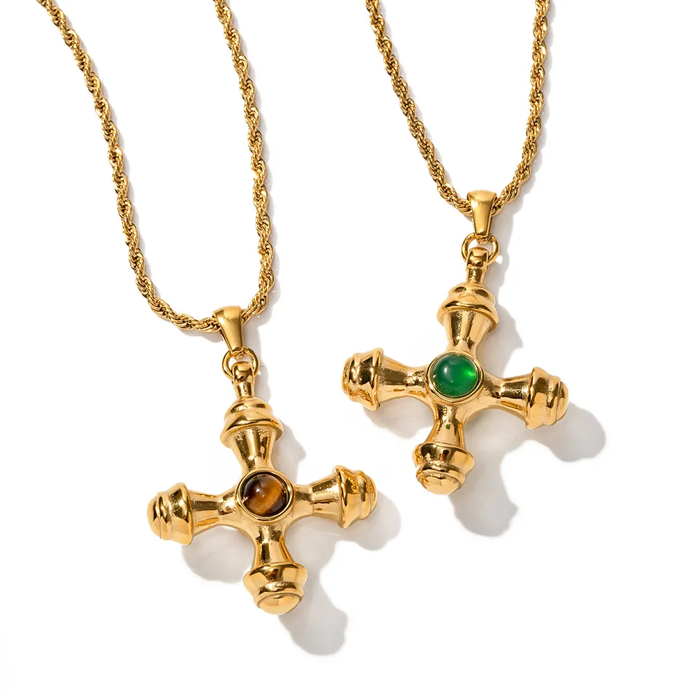 Collana con ciondolo a croce in acciaio inossidabile dorato di tendenza di design per donna con occhi di tigre che non sbiadiscono, alla moda_voghion.com