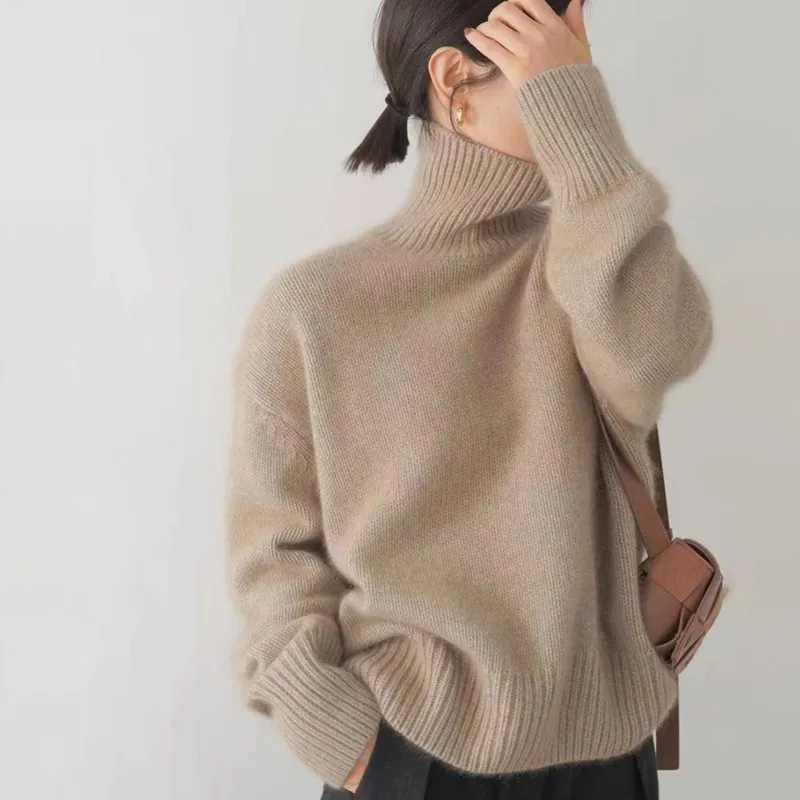 Pulls pour femmes Pull tricoté en cachemire pour femmes Élégant col haut Col roulé Lâche Épaissir Chaud Couleur unie_voghion.com