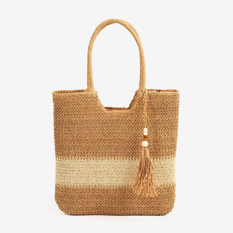 Borsa da donna versatile, casual, con tracolla singola, in paglia, con perline di legno e nappa, nuova, in tessuto a blocchi di colore, per le vacanze in spiaggia_voghion.com