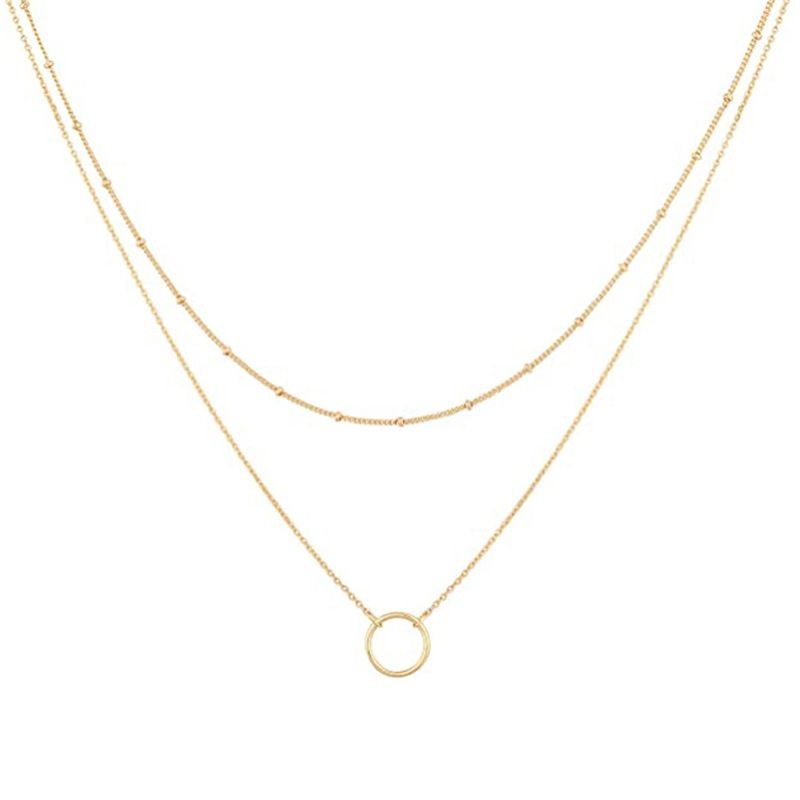 Collier pendentif en forme de cercle avec chaîne de perles en cuivre à double couche et anneau simple rétro pour clavicule_voghion.com