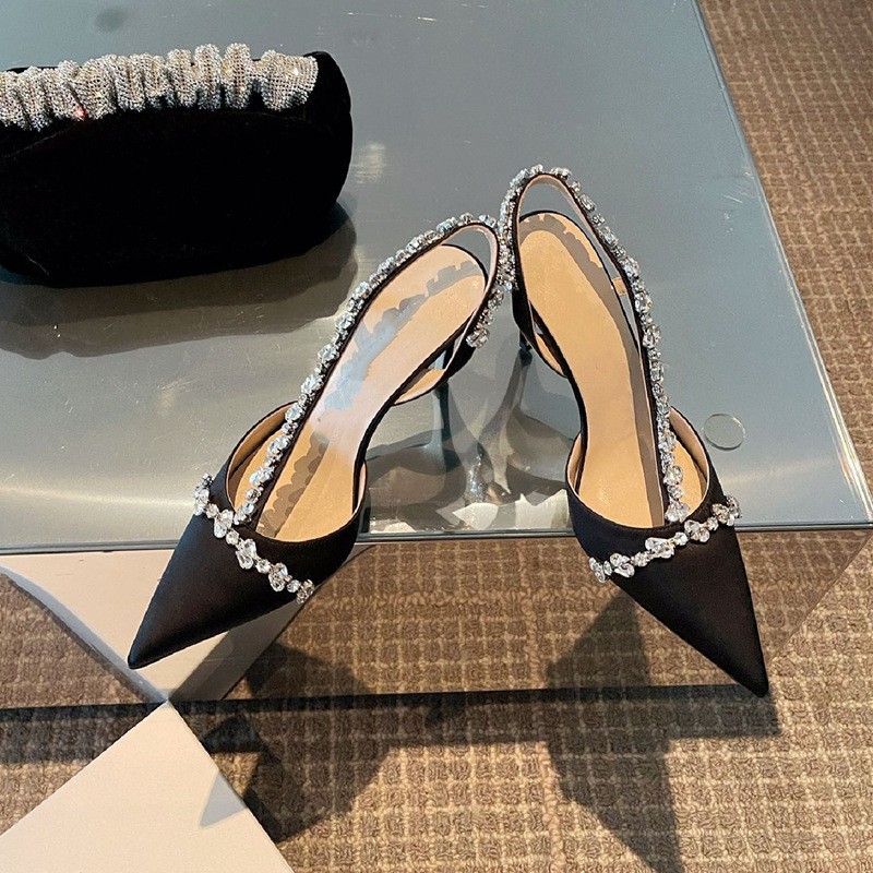 Damenschuhe Französische kleine Absätze Promi spitz einzelne Schuhe Fee weiße High Heels Stiletto Strass Baotou Sandalen weiblicher Sommer_voghion.com