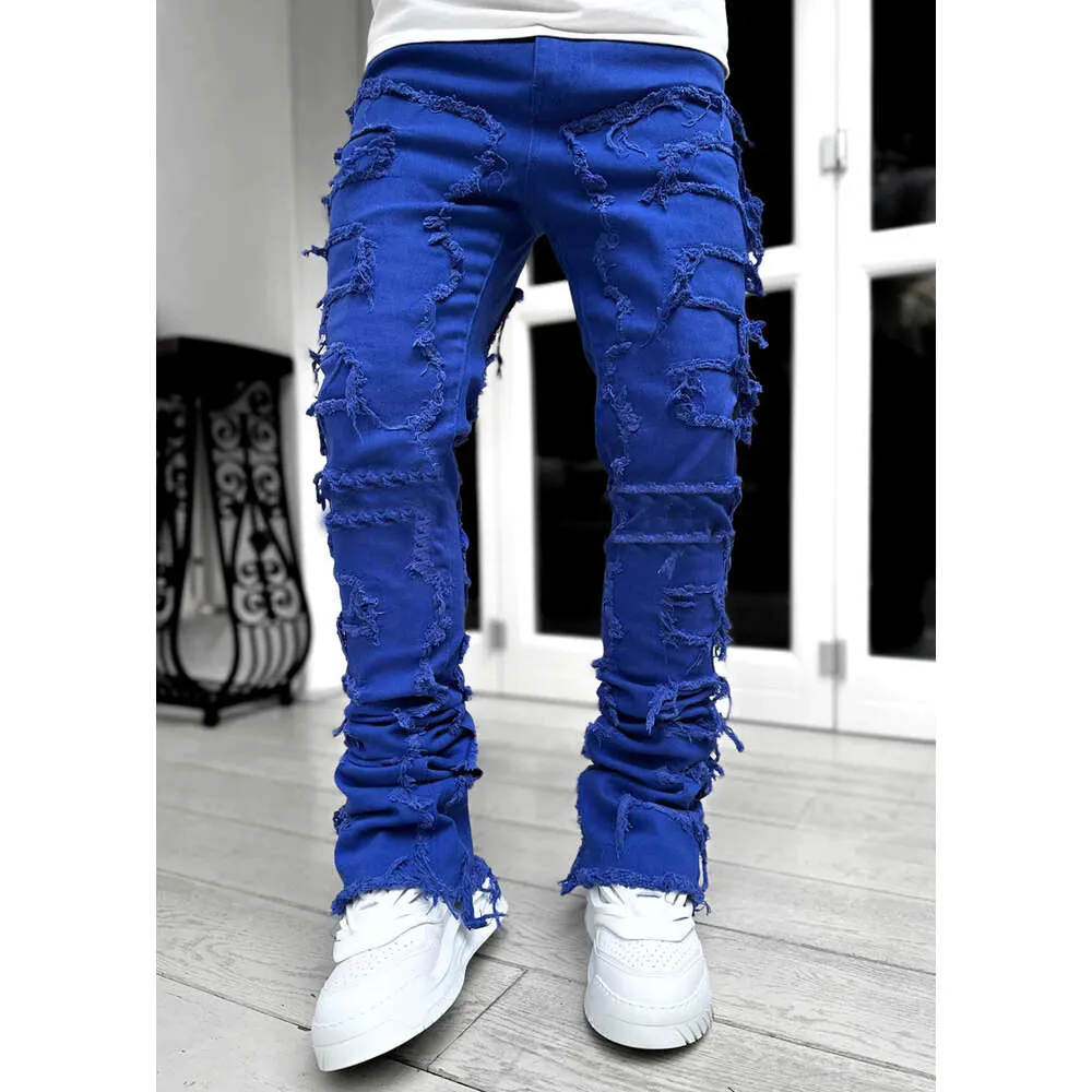Pantalon droit en denim à patch élastique pour homme, nouvelle mode de rue_voghion.com