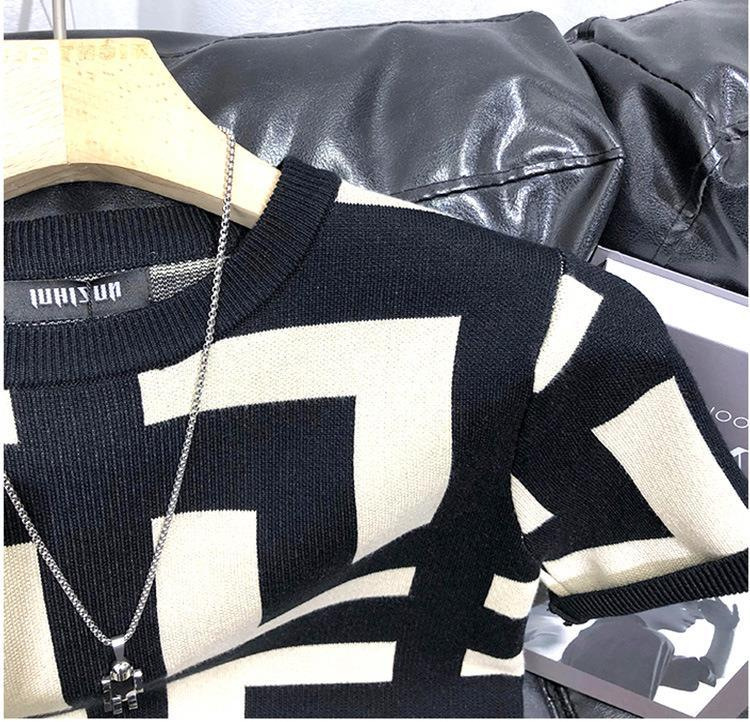 T-shirt estiva da uomo a maniche corte con motivo geometrico primaverile e autunnale slim casual trendy a maniche corte in maglia_voghion.com