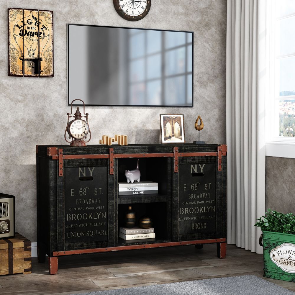 Farmhouse TV Stand For 55 Inch TV, 30' Tall Industrial Media Entertainment Center With Sliding Barn Doors, Rustic Television Console Table With Cabi_voghion.com