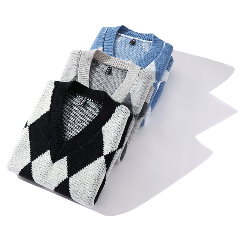 Canotta autunno e inverno nuovo gilet da uomo con scollo a V ispessito senza maniche, canotta con griglia a rombi, colore a contrasto_voghion.com