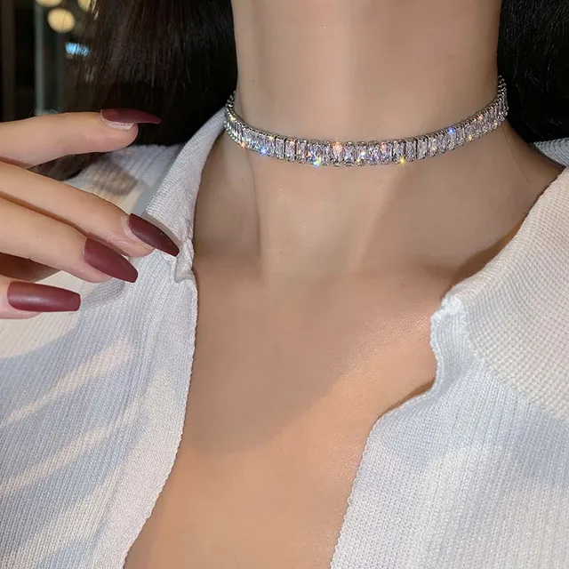 Μόδα λαμπερό ζιρκόνι τετράγωνο κολιέ choker για γυναίκες εξαιρετικό κρύσταλλο κοντό σέξι κολιέ γάμου νύφη κοσμήματα δώρο_voghion.com