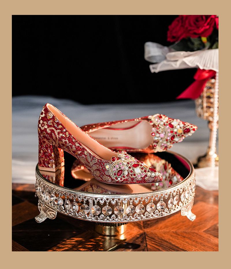 6555F-007 Dia Pointed Thick Women's High Heels Sequin Dress Red Wedding Bridal Single Shoes Goddess_voghion.com