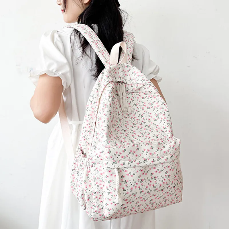 Korean Version Nylon Floral Flower Fashion Junior High School Backpack Travel Bag_voghion.com