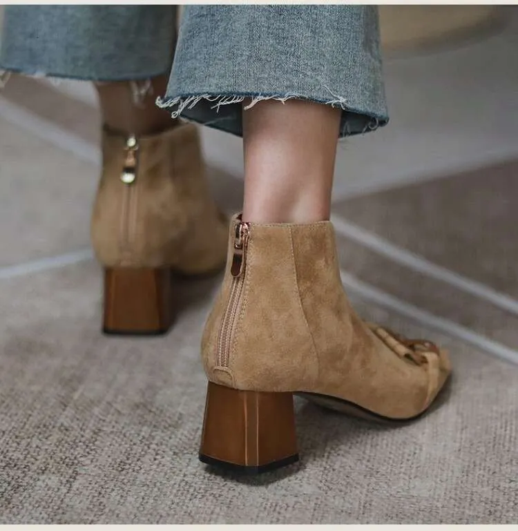 New Autumn/Winter Women Sheep Suade Toe Square Heel Mid-Heel Ankle Boots Fringed Zipper Fashion Office Lady Shoes_vogvips.com