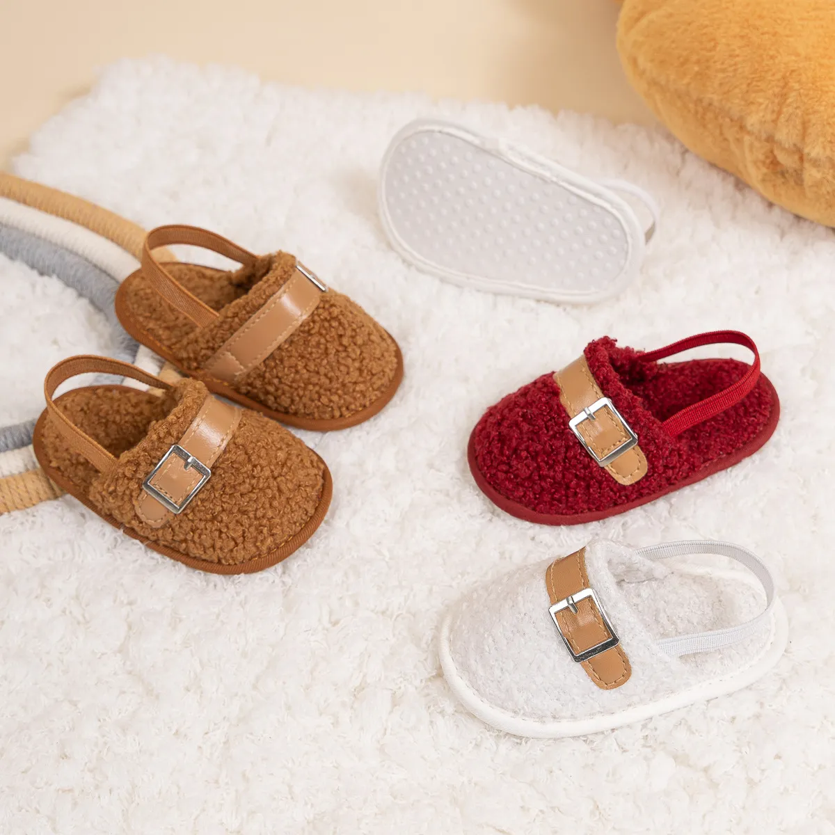 Papuci pufoși pentru bebeluși, moale, de pluș, cald, cu cerc și bandă elastică pentru copii mici, iarna pentru sugari, casă, interior_voghion.com