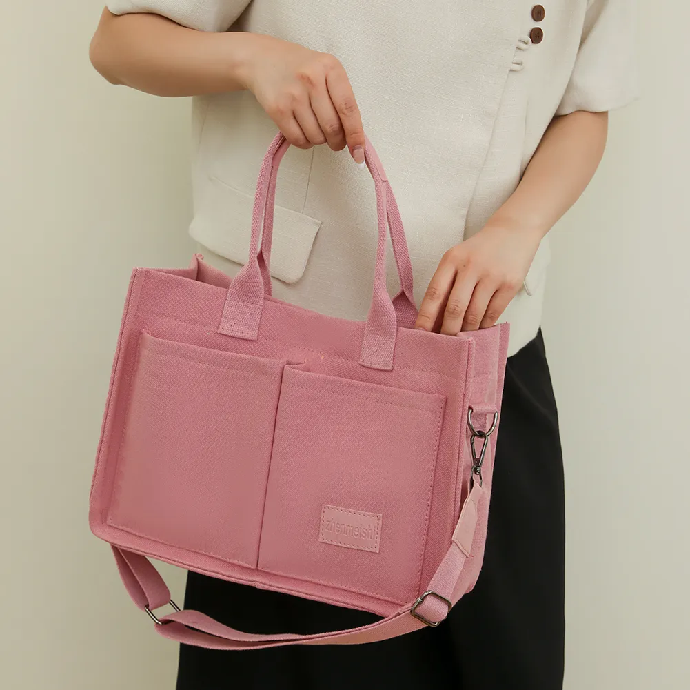 Women Fashion Shoulder Large Capacity Canvas Simple Shopping Adjustable Strap Multi Pockets Casual Satchel Bag_voghion.com