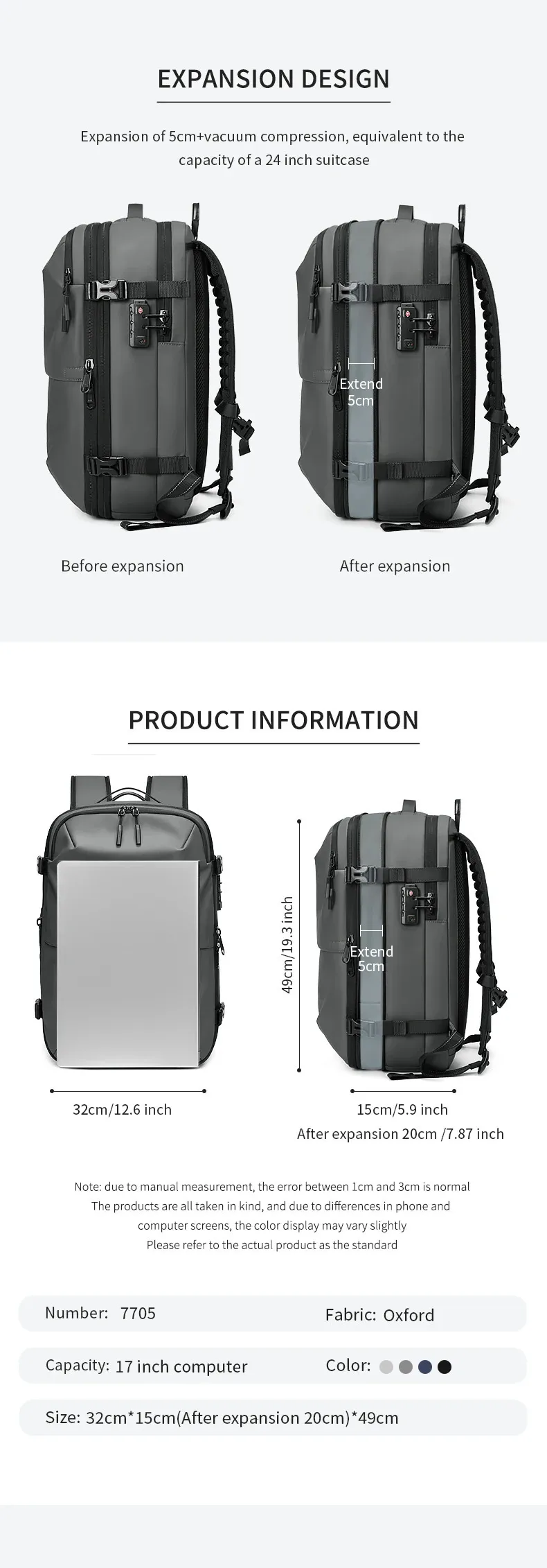 Men Travel vacuum compression 17 inch Laptop Business Large Capacity school Backpack Expanded Hiking backpack 241115_voghion.com