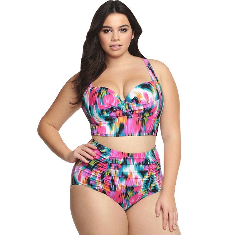 Large Size Plus Bikini Swimsuit High Waist Printed Two Piece Solid Color Women's Vacation Sexy Suit_voghion.com