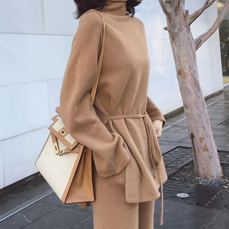 Elegantes Damen Strick Zweiteiler Mit Weitem Bein Und Oberteil_voghion.com