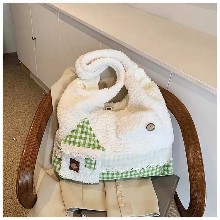 Womens Cute Fleece Patchwork Cartoon Pattern Solid Plush Shoudler Bag Large Capacity Female Commute Veet Handle_voghion.com