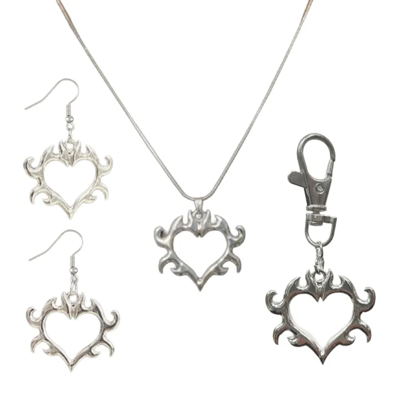 Flame Heart Pendant Necklace And Jewelry Set For Men And Women_voghion.com