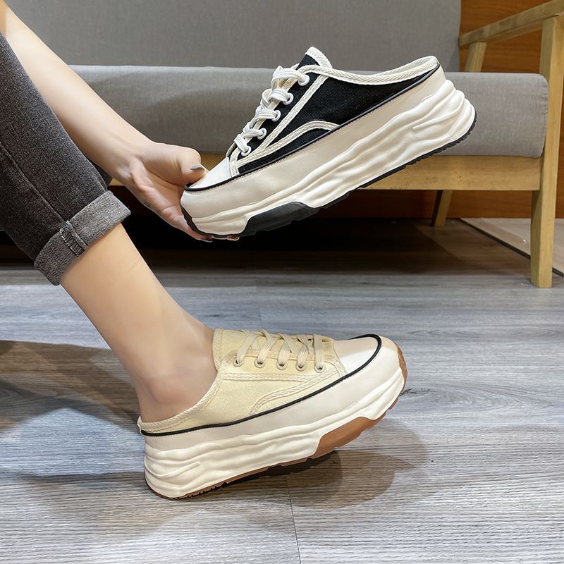 Pantofole casual in tela con lacci e stile Baotou, metà nuovo, primavera-autunno, moda donna 2023_voghion.com