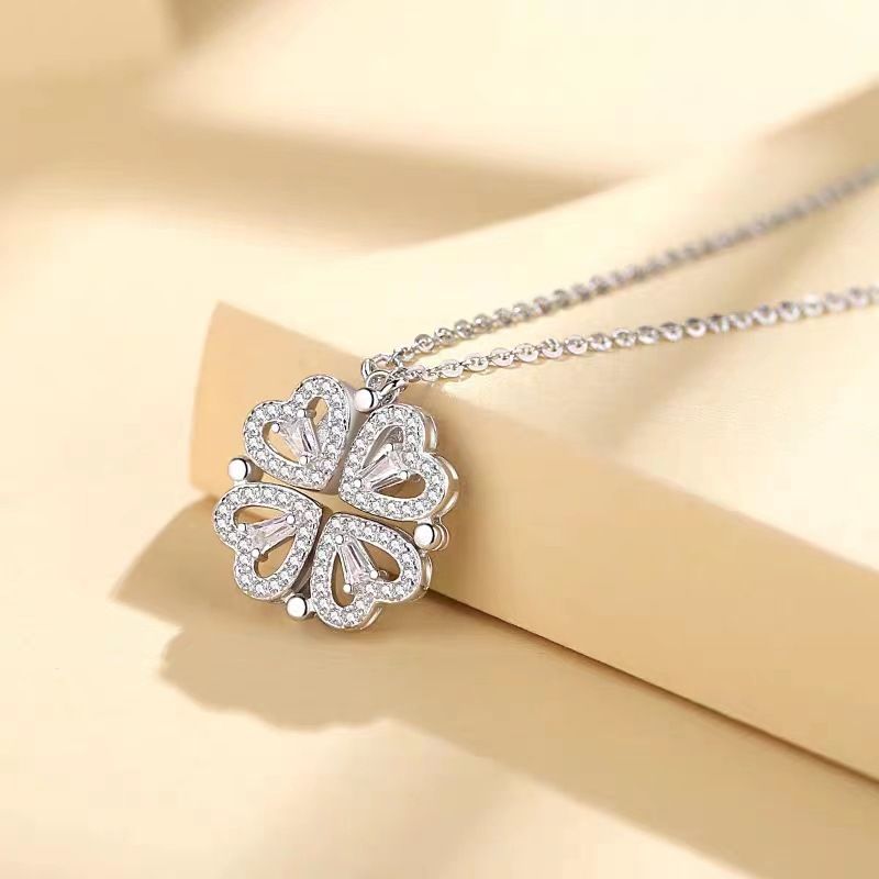 Collana con quadrifoglio a forma di cuore in argento Sterling S per donna, un paio, due paia di cuori piccoli, celebrità di Internet,_voghion.com