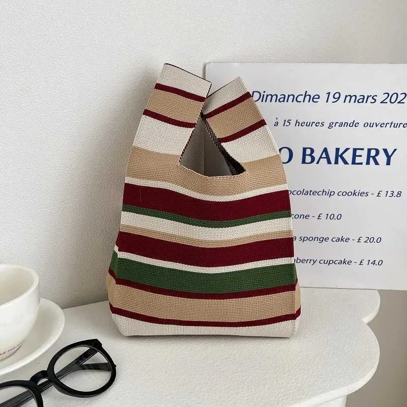 New wide striped handbag smallest Korean hand woven mini knot wrist reusable shopping bag Y241106_voghion.com