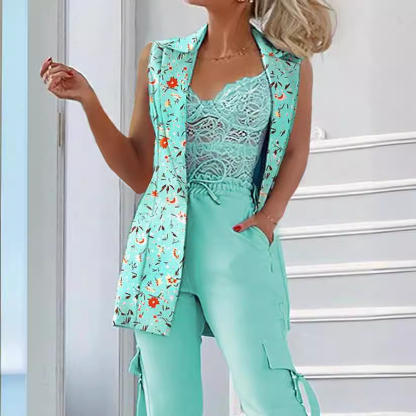 women's Clothing, Elegant Floral Sleeveless Suit Jacket + Lace-up Casual Trousers Suit