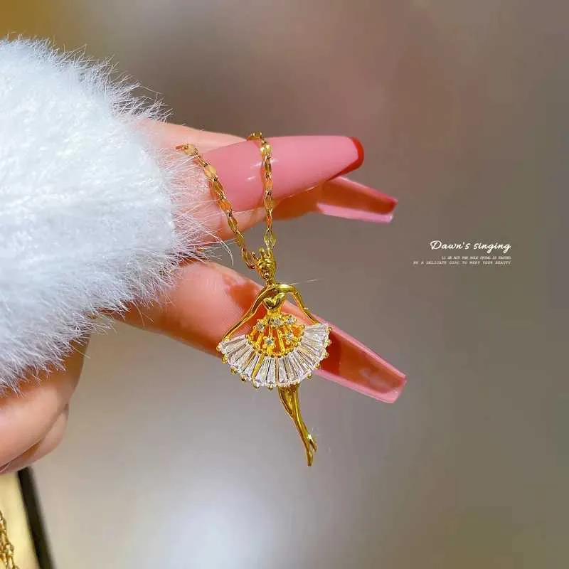 Colar com pingente de bailarina, colar de dança com zircônia cúbica, joia feminina de aço inoxidável para presente_voghion.com