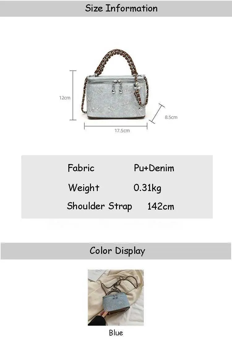 Dammode Denimväskor Broderi Ral Tryck Flap Box Patch Pu Handtag Väska Kvinnlig Mångsidig Pendlingskedja Axelväska_voghion.com