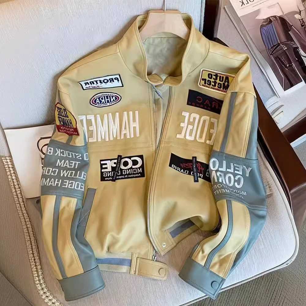 Veste en cuir de moto haut de gamme pour hommes, broderie lourde, uniforme de baseball, manteau ample et beau