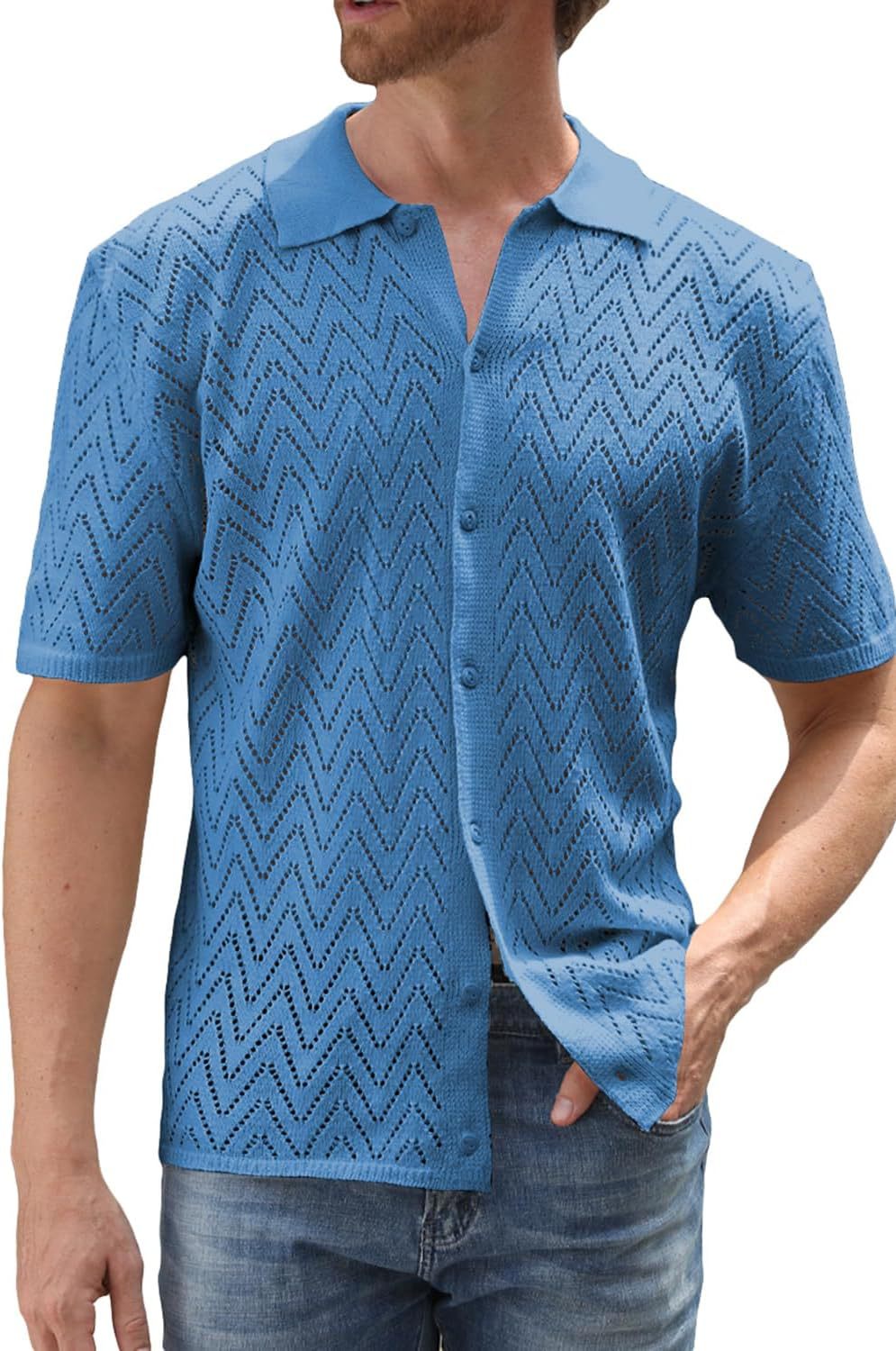 Ropa de hombre Camisa de punto informal para hombre Camisa de manga corta para hombre Cárdigan de color liso Tops calados Ropa de hombre_voghion.com