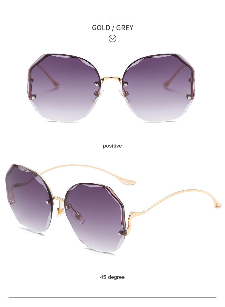 Nuovi occhiali da sole alla moda senza montatura per donna con aste curve in metallo deformato, occhiali da sole con protezione solare ripresi da celebrità di Internet._voghion.com