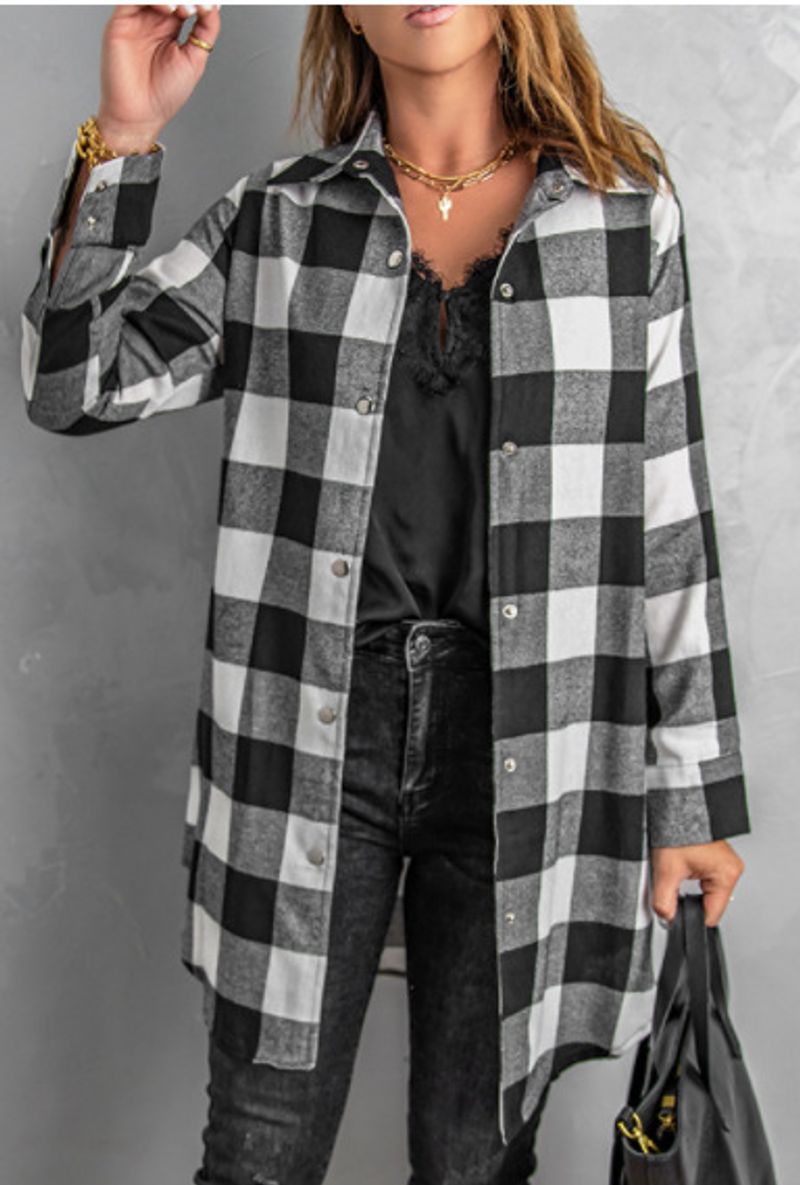 Women's in the long sleeve coat plaid shirt top_voghion.com